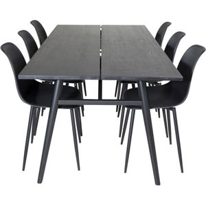 Sleek eethoek eetkamertafel uitschuifbare tafel lengte cm 195 / 280 zwart en 6 Polar eetkamerstal zwart.