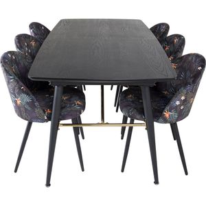 Gold eethoek eetkamertafel uitschuifbare tafel lengte cm 180 / 220 zwart en 6 Velvet eetkamerstal velours gebloeid.