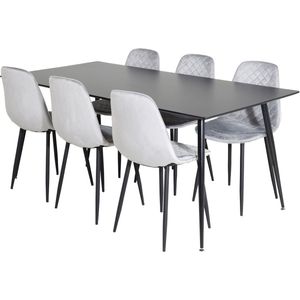 SilarBL180 eethoek eetkamertafel zwart en 6 Polar Diamond eetkamerstal velours grijs.