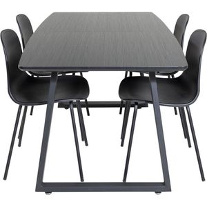 IncaBLBL eethoek eetkamertafel uitschuifbare tafel lengte cm 160 / 200 zwart en 4 Arctic eetkamerstal zwart.