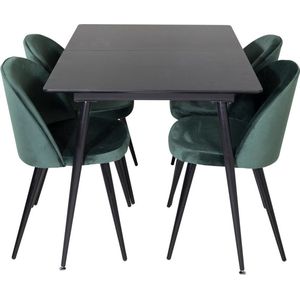 SilarBLExt eethoek eetkamertafel uitschuifbare tafel lengte cm 120 / 160 zwart en 4 Velvet eetkamerstal velours groente, zwart.