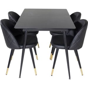 SilarBLExt eethoek eetkamertafel uitschuifbare tafel lengte cm 120 / 160 zwart en 4 Velvet eetkamerstal PU kunstleer
