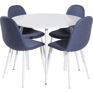 PlazaWHWH100 eethoek eetkamertafel wit en 4 Polar eetkamerstal blauw, wit.