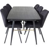 Gold eethoek eetkamertafel uitschuifbare tafel lengte cm 180 / 220 zwart en 6 Gemma eetkamerstal zwart.