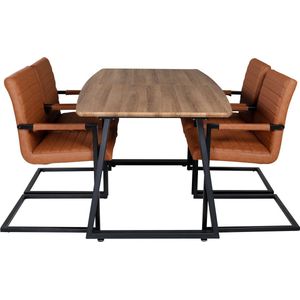 IncaNABL eethoek eetkamertafel uitschuifbare tafel lengte cm 160 / 200 el hout decor en 4 Art eetkamerstal PU kunstleer bruin.