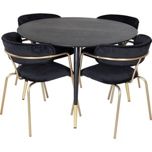 DippØ115BLBR eethoek eetkamertafel zwart en 4 Arrow eetkamerstal velours zwart.