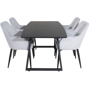 IncaBLBL eethoek eetkamertafel uitschuifbare tafel lengte cm 160 / 200 zwart en 4 Comfort eetkamerstal fluweel lichtgrijs, zwart.
