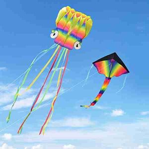 Kit met 2 vliegers, grote octopusvlieger van 5 m en regenboogdeltavlieger met prachtige staarten voor kinderen en volwassenen, gemakkelijk te vliegen voor buitenspellen en activiteiten voor kinderen