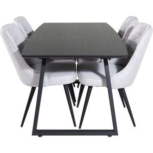IncaBLBL eethoek eetkamertafel uitschuifbare tafel lengte cm 160 / 200 zwart en 4 Velvet Deluxe eetkamerstal lichtgrijs,