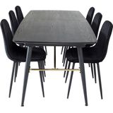 Gold eethoek eetkamertafel uitschuifbare tafel lengte cm 180 / 220 zwart en 6 Polar Diamond eetkamerstal velours zwart.