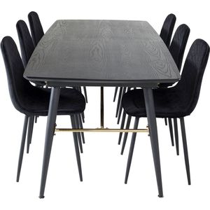 Gold eethoek eetkamertafel uitschuifbare tafel lengte cm 180 / 220 zwart en 6 Polar Diamond eetkamerstal velours zwart.