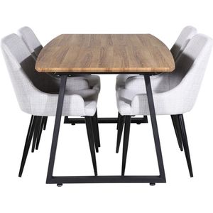 IncaNABL eethoek eetkamertafel uitschuifbare tafel lengte cm 160 / 200 el hout decor en 4 Plaza eetkamerstal lichtgrijs, zwart.