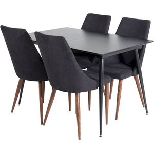 SilarBLExt eethoek eetkamertafel uitschuifbare tafel lengte cm 120 / 160 zwart en 4 Leone eetkamerstal zwart.