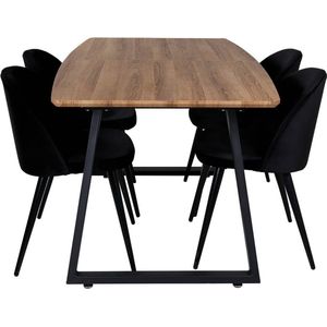 IncaNABL eethoek eetkamertafel uitschuifbare tafel lengte cm 160 / 200 el hout decor en 4 Velvet eetkamerstal velours zwart.