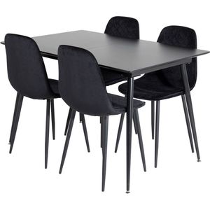 SilarBLExt eethoek eetkamertafel uitschuifbare tafel lengte cm 120 / 160 zwart en 4 Polar Diamond eetkamerstal velours zwart.