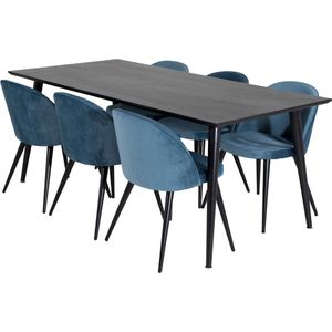 Dipp180x90BLBL eethoek eetkamertafel zwart en 6 Velvet eetkamerstal velours blauw, zwart.