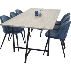 Jepara eethoek eetkamertafel teakhout en 6 Velvet eetkamerstal velours blauw, zwart.