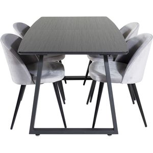 IncaBLBL eethoek eetkamertafel uitschuifbare tafel lengte cm 160 / 200 zwart en 4 Velvet eetkamerstal velours lichtgrijs.