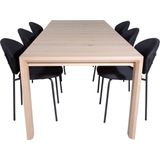 SliderWW eethoek eetkamertafel uitschuifbare tafel lengte cm 170 / 250 eik wit washeded en 6 Vault eetkamerstal zwart.