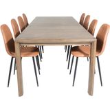 SliderOS eethoek eetkamertafel uitschuifbare tafel lengte cm 170 / 250 rokerig eik en 8 Polar eetkamerstal PU kunstleer bruin.