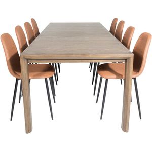 SliderOS eethoek eetkamertafel uitschuifbare tafel lengte cm 170 / 250 rokerig eik en 8 Polar eetkamerstal PU kunstleer bruin.