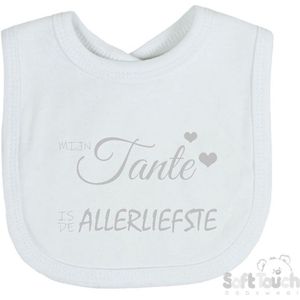 Soft Touch Slabber Slabbetje Slab ""Mijn tante is de allerliefste"" Unisex Katoen Wit/zilver shiny Maat 33x22 Cm
