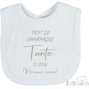 Soft Touch Slabber Slabbetje Slab """"Pop"" de champagne Tante is jouw nieuwe naam!"" Unisex Katoen Wit/grijs Maat 33x22 Cm