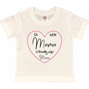 T-shirt Kinderen ""De liefste mama is toevallig mijn mama"" Moederdag | korte mouw | Wit/roze/zwart | maat 98/104 (XXS)