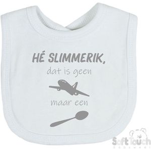 Soft Touch Slabber Slabbetje Slab ""He slimmerik, dat is geen vliegtuig maar een lepel"" Unisex Katoen Wit/grijs Maat 33x22 Cm