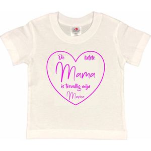 T-shirt Kinderen ""De liefste mama is toevallig mijn mama"" Moederdag | korte mouw | Wit/Fluor pink | maat 86/92 (XXS)