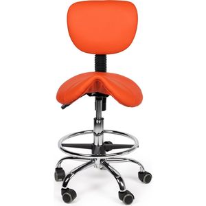 Ergonomische zadelkruk laag model in de kleur oranje met voetenring (40 cm doorsnede) en rugleuning.