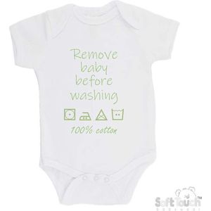 100% katoenen Romper ""Remove baby before washing 100% cotton"" Unisex Katoen Wit/sage green (saliegroen) 56/62