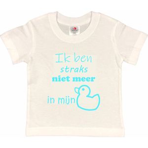 Shirt Aankondiging zwangerschap ""Ik ben straks niet meer in mijn eendje | korte mouw | wit/aquablauw | maat 122/128 zwangerschap aankondiging bekendmaking