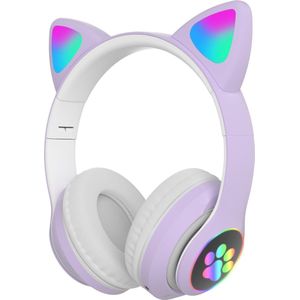 Kinder Hoofdtelefoon-Draadloze Koptelefoon-Kids Headset-Over Ear-Bluetooth-Microfoon-Katten Oortjes-Led Verlichting-Lila