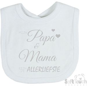 Soft Touch Slabber Slabbetje Slab ""Mijn papa & mama zijn de allerliefste"" Unisex Katoen Wit/zilver shiny Maat 33x22 Cm