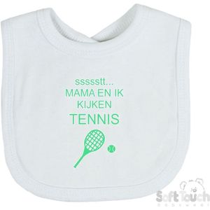 Soft Touch Slabber Slabbetje Slab ""ssssstt... Mama en ik kijken tennis"" Unisex Katoen Wit/mint Maat 33x22 Cm