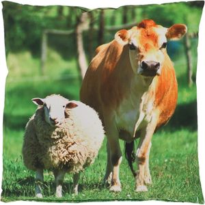Buitenkussen schaap & koe L 50 cm x 50 cm - tuinkussen - buitenkussen - outdoorkussen - waterafstotend - boerderijprint - cadeau - geschenk - Nieuwjaar - Kerst - verjaardag