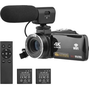 4K Ultra HD - Handycam Camcorder - 2 in 1 Set Met Externe Microfoon - Inclusief 2 Batterijen En Afstandsbediening - Met Wifi Verbinding-18 x Digitale Zoom-Nachtzicht - Beeldstabilisatie - Zwart