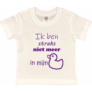 Shirt Aankondiging zwangerschap ""Ik ben straks niet meer in mijn eendje | korte mouw | wit/paars | maat 110/116 zwangerschap aankondiging bekendmaking