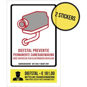 Pictogram/ sticker | Camerabewaking Wetgeving maart 2007 + Diefstal preventie | 19 x 32 cm | Onze artikelen zijn beveiligd | Winkeldiefstal | Dieven afschrikken | Diefstal | Politie | GAS-boete | Wettelijke schadevergoeding 181,00 euro | 2 stuks
