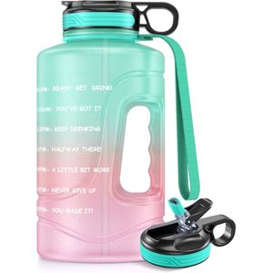 Motiverende waterfles met tijdmarkeringen en rietje, 2,2 liter, grote sportwaterkan met handvat, BPA-vrije lekvrije waterflessen voor fitness, sportschool en buitensport (groen)