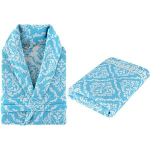 Trimita Barok - Badjas en Hamamdoek Set - 100% Turks Katoen - Heerlijk Zacht, Licht en Handgemaakt - Perfect voor Thuis, Sauna of Spa - Maat L/XL - Blauw