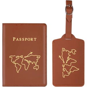Paspoort hoesje met kofferlabel - Paspoorthouder - Bagage label - Vliegen - Vakantie - Bruin / Goud - PU leer - 11 cm x 17 cm