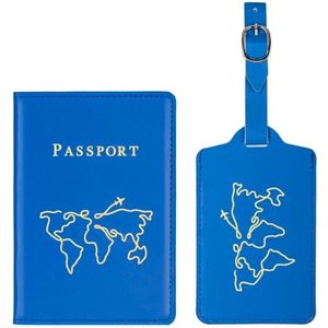 Paspoort hoesje met kofferlabel - Paspoorthouder - Bagage label - Vliegen - Vakantie - Blauw / Goud - PU leer - 11 cm x 17 cm