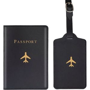 Paspoort hoesje met kofferlabel - Paspoorthouder - Bagage label - Vliegen - Vakantie - Zwart / Goud - PU leer - 11 cm x 17 cm