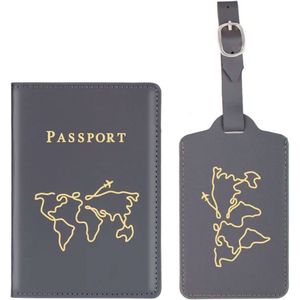 Paspoort hoesje met kofferlabel - Paspoorthouder - Bagage label - Vliegen - Vakantie - Grijs / Goud - PU leer - 11 cm x 17 cm