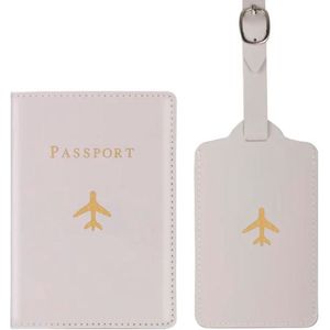 Paspoort hoesje met kofferlabel - Paspoorthouder - Bagage label - Vliegen - Vakantie - Wit / Goud - PU leer - 11 cm x 17 cm