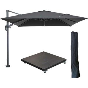 Garden Impressions Hawaii zweefparasol 300x300 cm carbon black / zwart met 90kg verrijdbare parasolvoet en parasolhoes