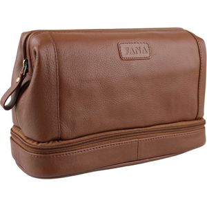 Fana Bags Leren Heren Toilettas Cognac - Dubbele Bodem & Beugelsluiting - Praktische Toilettas van Echt Leer met Dubbele Compartimenten - Ideaal Cadeau