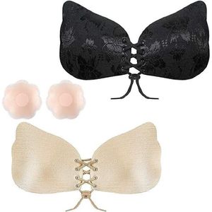 Rovtop - onzichtbare bh - gel plak bh's - 2-pack - Beige en Zwart print - zelfklevend - ademend - push up - strapless - incl. 2 magic tepel covers - tepel plakkers - herbruikbaar